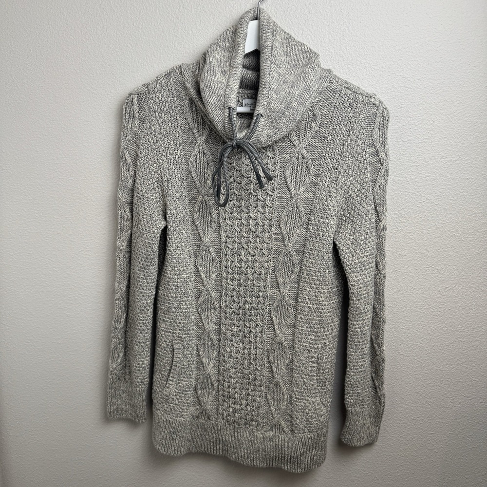 LL BEAN Signature Fisherman Cable Knit Sweater Cowl Funnel Neck Size Medium Gray